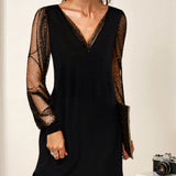 Women's Evening Dress with Mesh Sleeves and Asymmetrical Hem