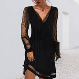 Women's Evening Dress with Mesh Sleeves and Asymmetrical Hem