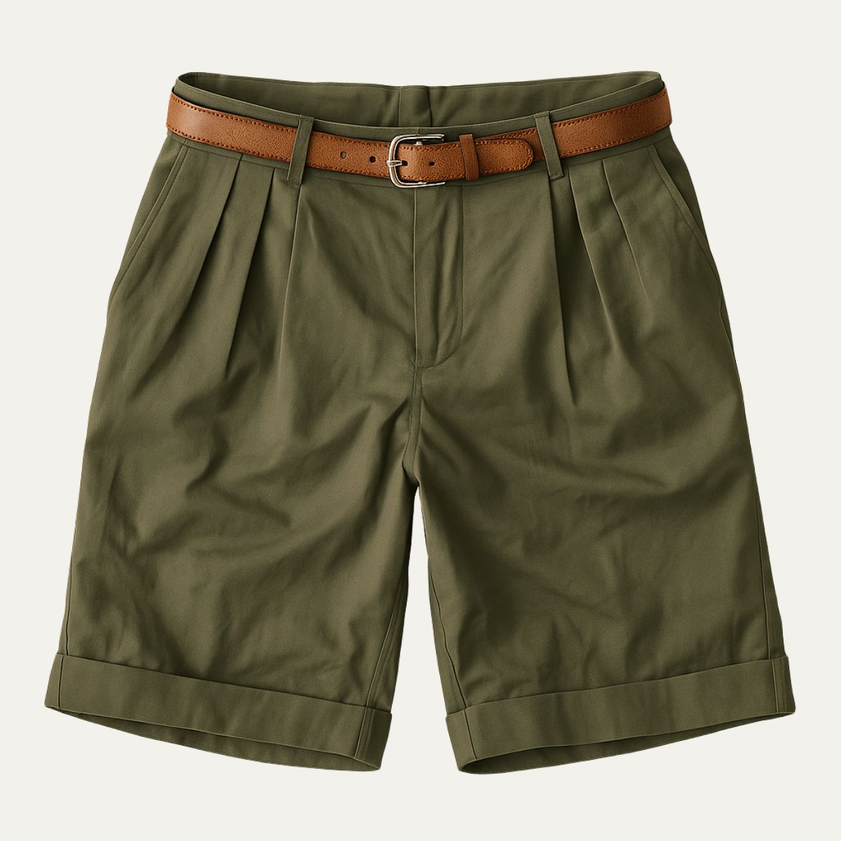 Men's Chino Shorts with Double Pleats, Belt and Rolled Cuffs