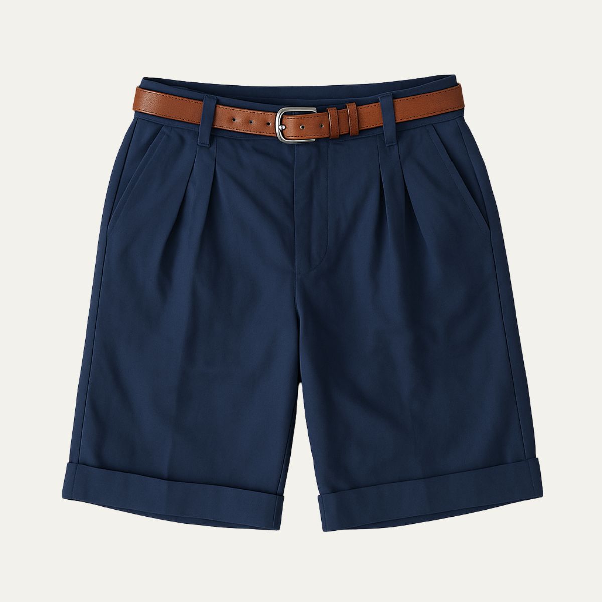 Men's Chino Shorts with Double Pleats, Belt and Rolled Cuffs