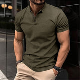 Men's Short Sleeve Polo with Stand Collar and Button Placket