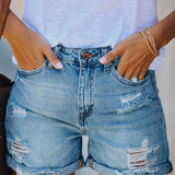 Women's Distressed Denim Shorts with Turned-Up Hems