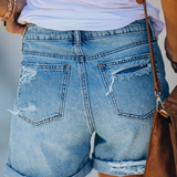 Women's Distressed Denim Shorts with Turned-Up Hems