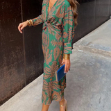 Women's Midi Dress with Wrap Effect and Leaf Print