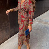 Women's Midi Dress with Wrap Effect and Leaf Print
