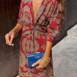 Women's Midi Dress with Wrap Effect and Leaf Print