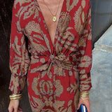 Women's Midi Dress with Wrap Effect and Leaf Print