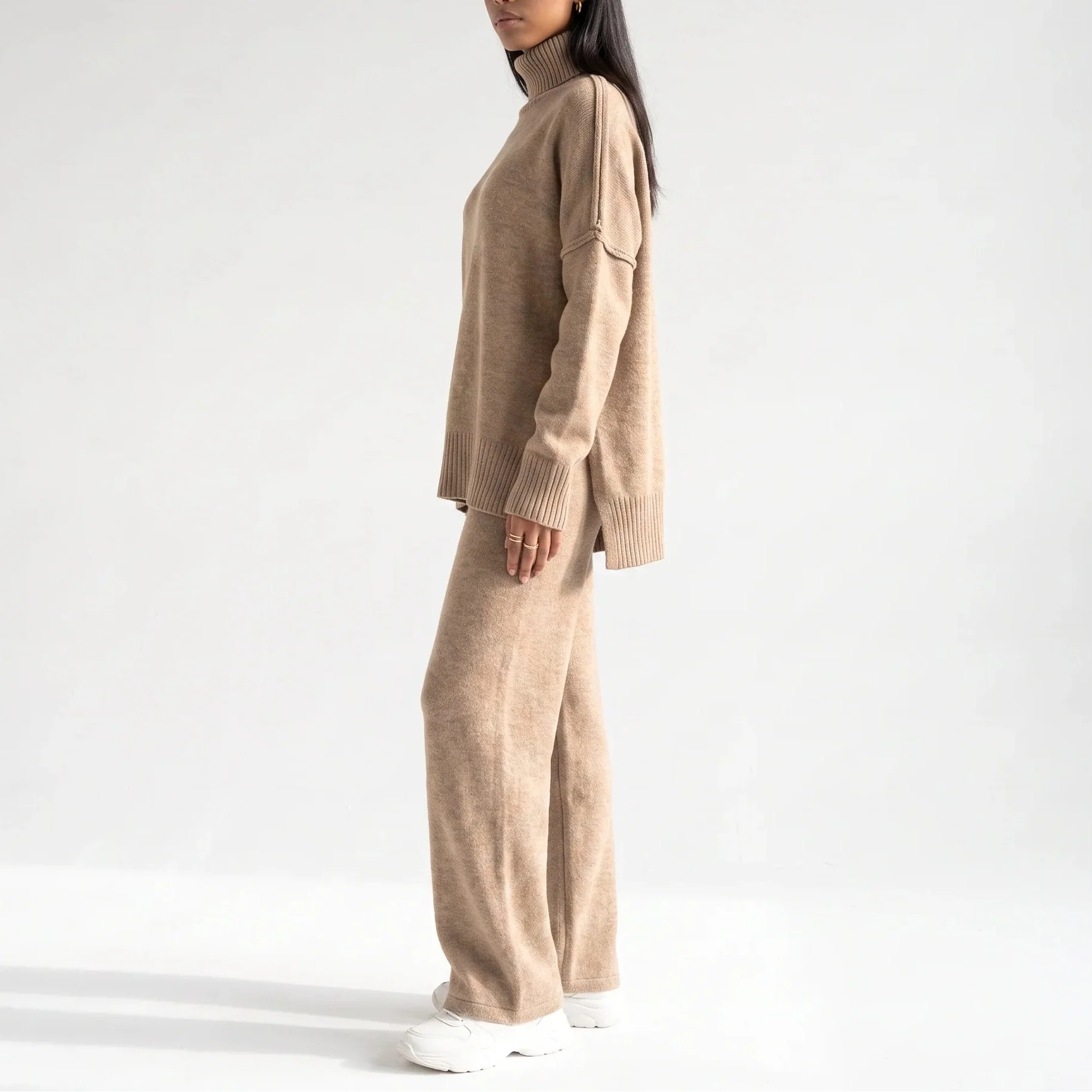Women's Oversized Knitted Turtleneck Jumper and Wide-Leg Trousers Set ...